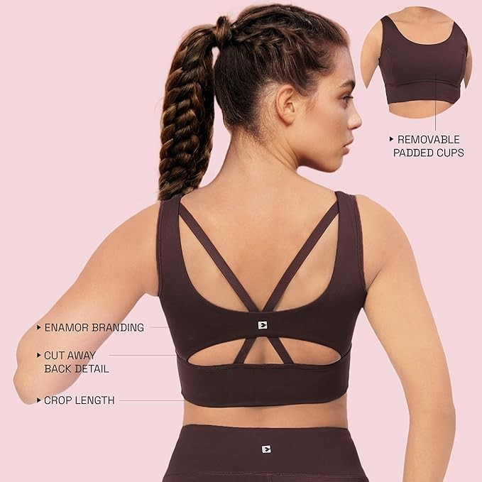 Enamor Sleeveless Crew Neck Crop Length Pull On Sports Bra for Women - Hugged Fit, Cut Away Back