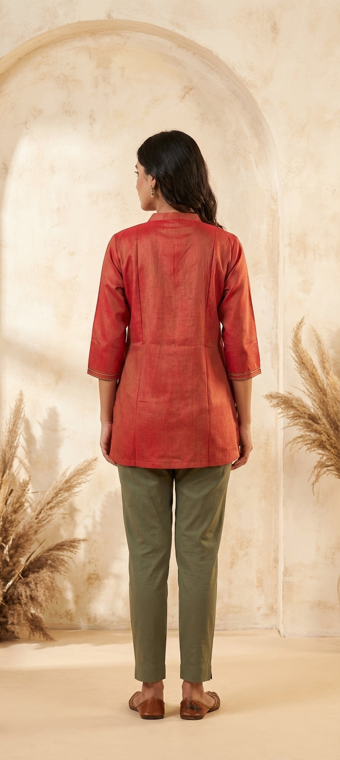 Cotton Silk Embroidered & Mirror Work Short Kurti - RANI PINK