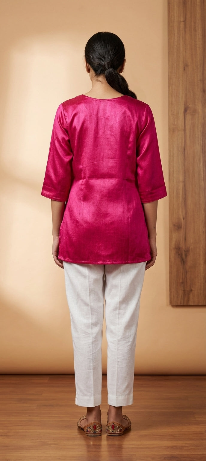 Premium Plain Gaji Silk Short Kurti - RANI PINK