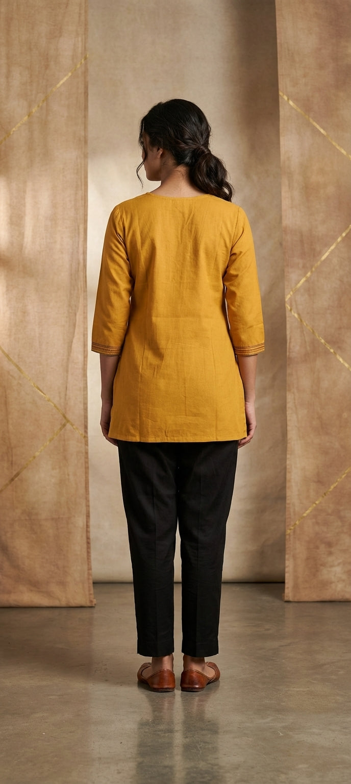 Elegant Yellow Thread Embroidered Short Kurti