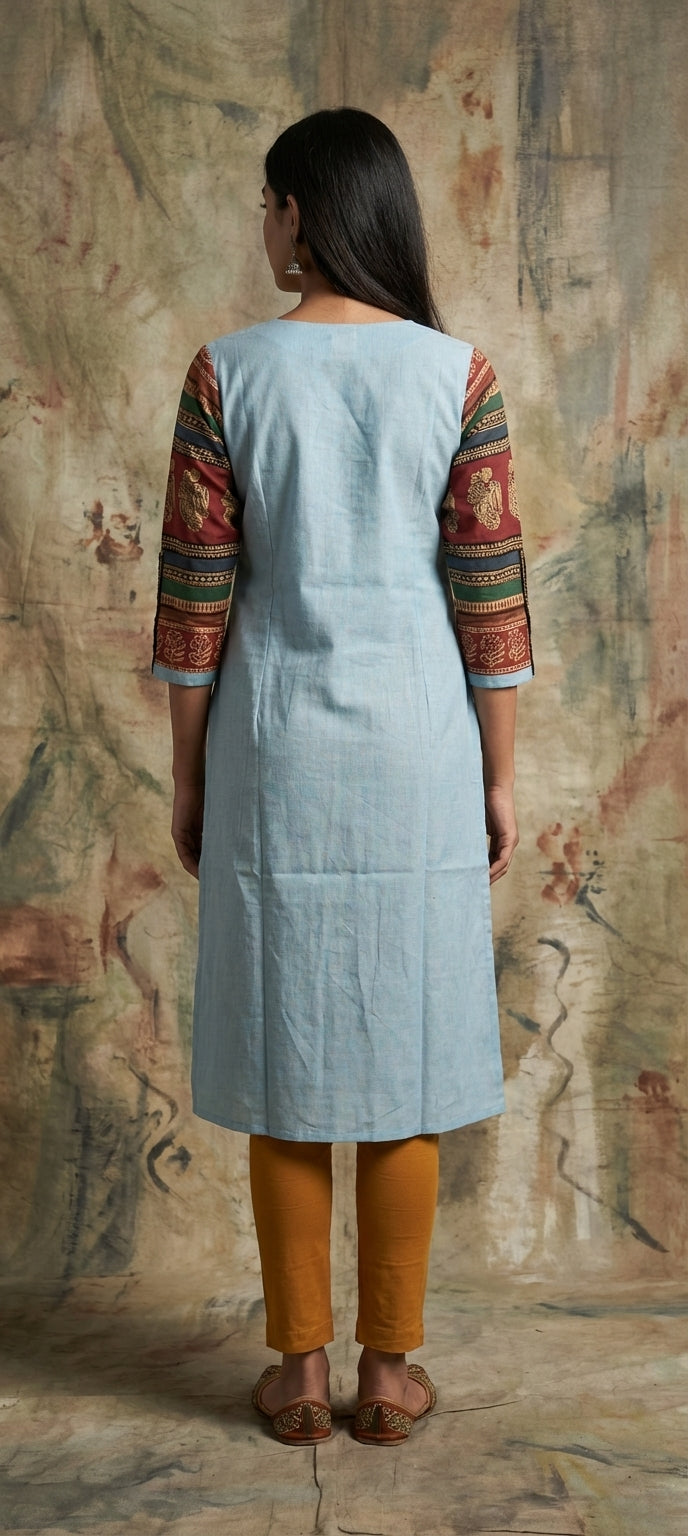 Ethnic Mirror Embroidered work Long Kurti with Contrast Sleeves-sky blue