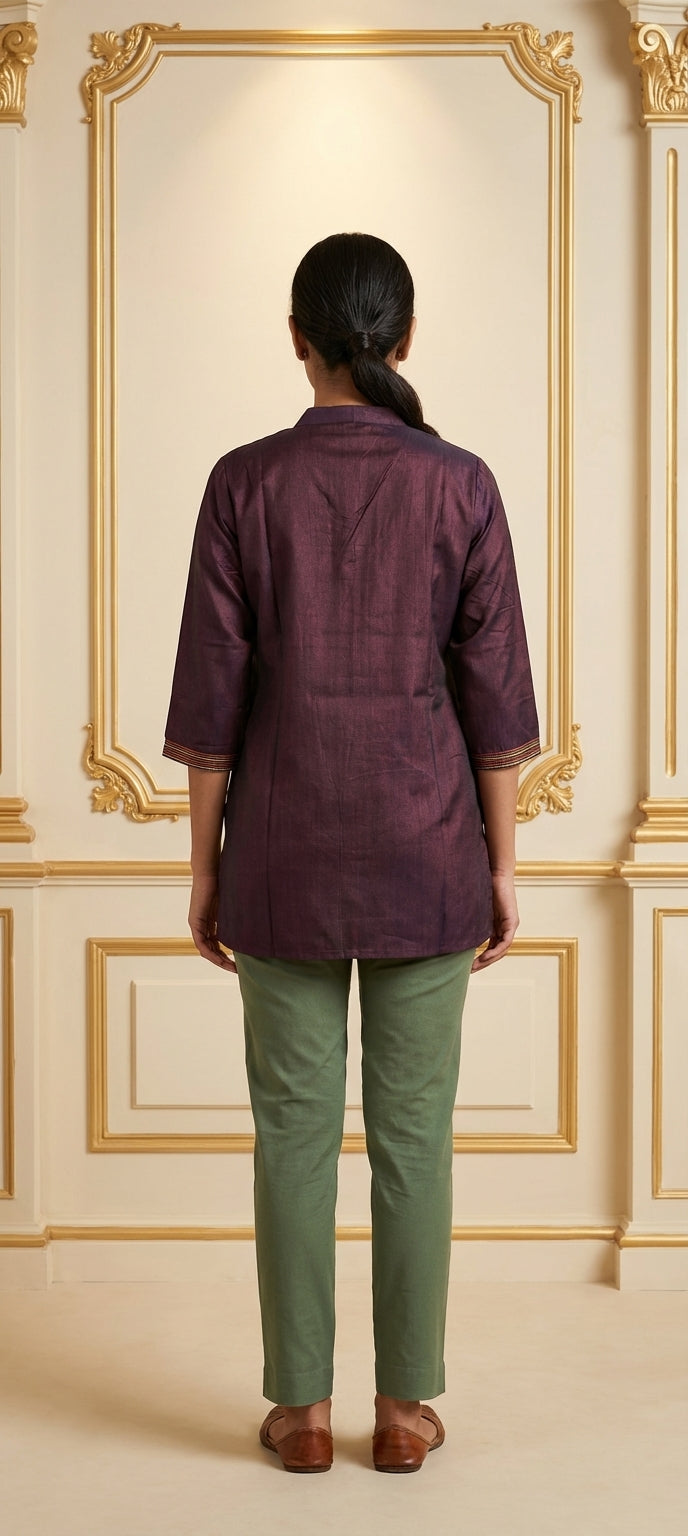 Embroidered Mirror Work Cotton Silk Short Kurti - Wine