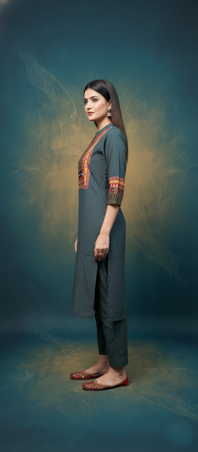 Cotton Embroidery Work Kurti with Pant Set