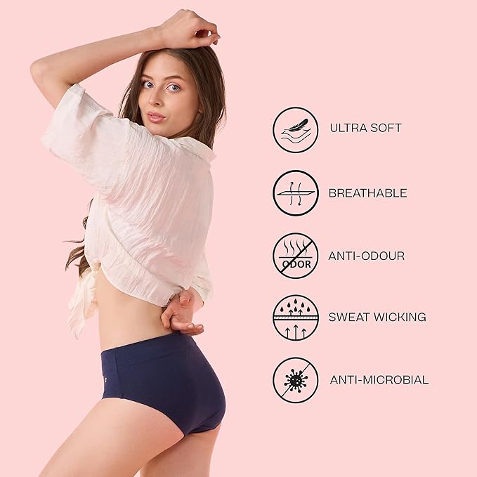 Enamor Innovations Bamboo Bliss, Anti Rash, All Day Comfort, Mid Waist Brief Panty for Women - Super Soft, Naturally Absorbent, Antimicrobial with Stain Release, Inner Elastic, Full Coverage