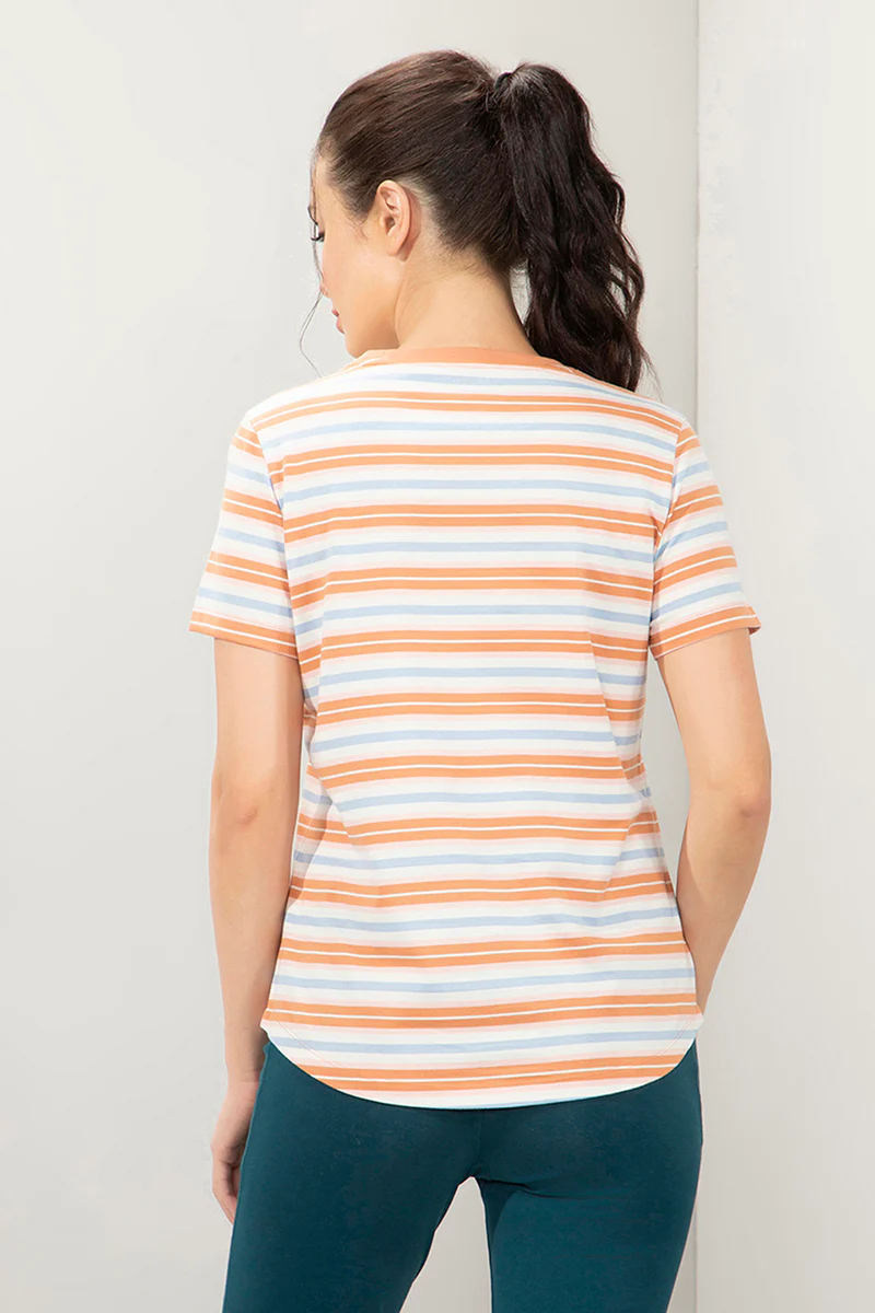 AMANTE WOMEN T-SHIRT RIBBED CREW NECK SHORT SLEEVES STRETCH COTTON FABRIC RELAXED FIT ESSENTIAL STRIPES T-SHIRT