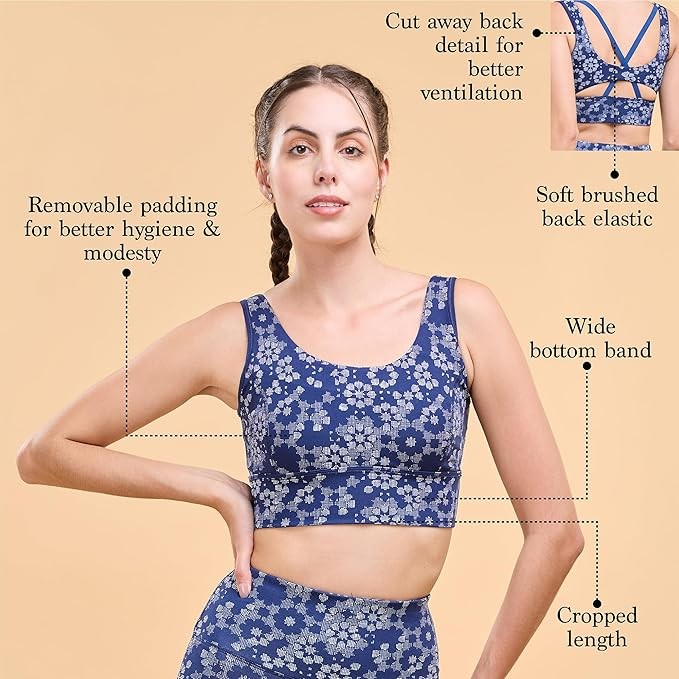 Enamor Cutaway Back Detail Quick Dry Printed Sports Bra - Removable Padding, Non-Wired, Medium Coverage