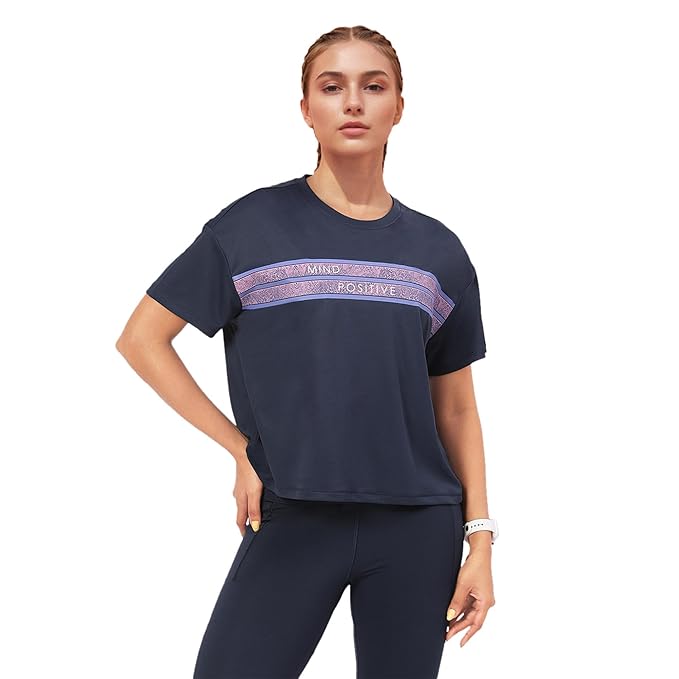 ENAMORE WOMEN T-SHIRTS TYPOGRAPHIC PRINTED DROP SHOULDER SLEEVES RELAXED FIT CROP T-SHIRT