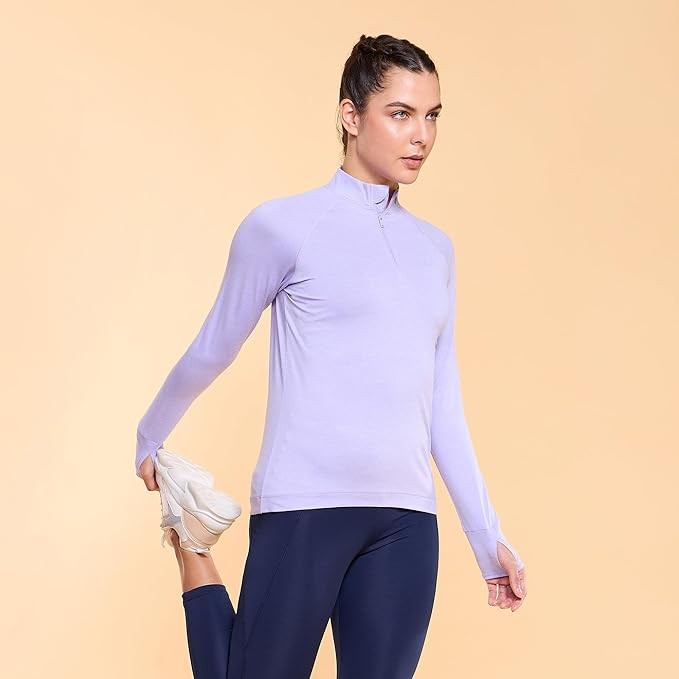 Enamor Full Sleeve High Neck Medium Length Pull on Dry Fit T-Shirt for Women - Slim Fit