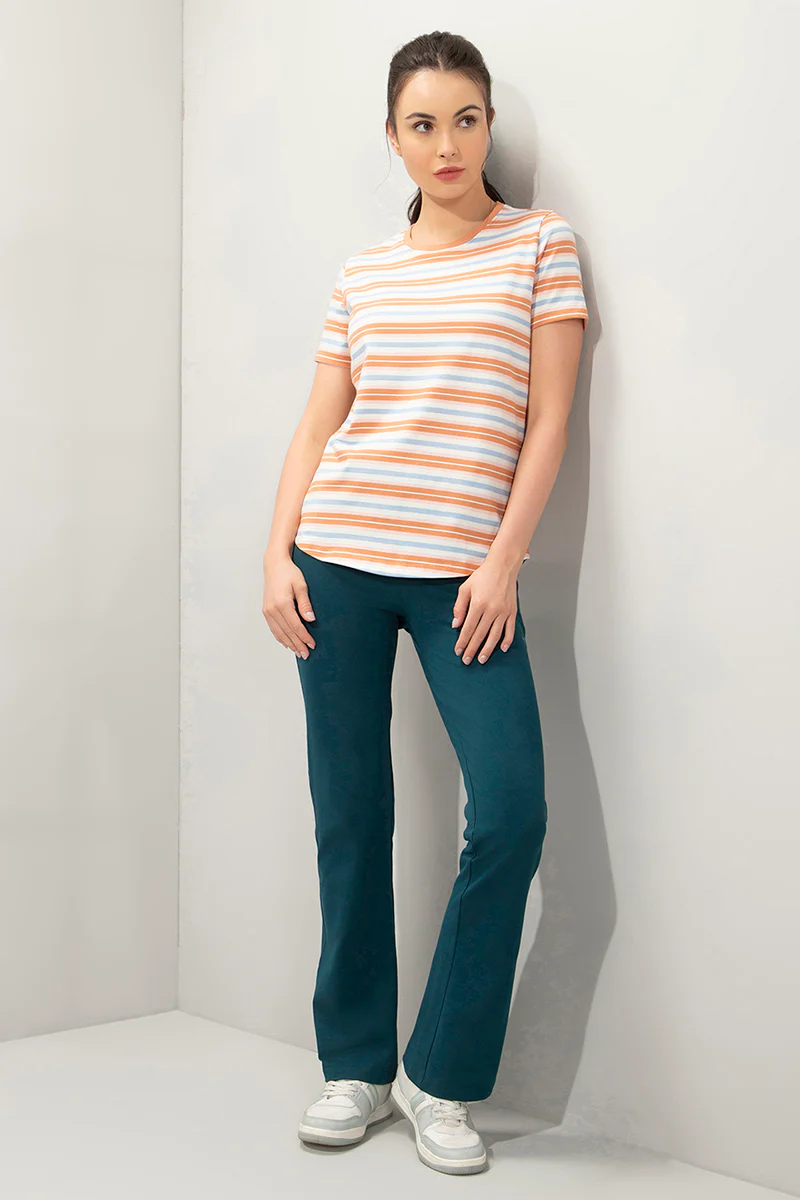 AMANTE WOMEN T-SHIRT RIBBED CREW NECK SHORT SLEEVES STRETCH COTTON FABRIC RELAXED FIT ESSENTIAL STRIPES T-SHIRT