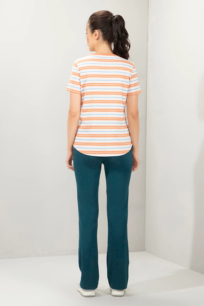 AMANTE WOMEN T-SHIRT RIBBED CREW NECK SHORT SLEEVES STRETCH COTTON FABRIC RELAXED FIT ESSENTIAL STRIPES T-SHIRT