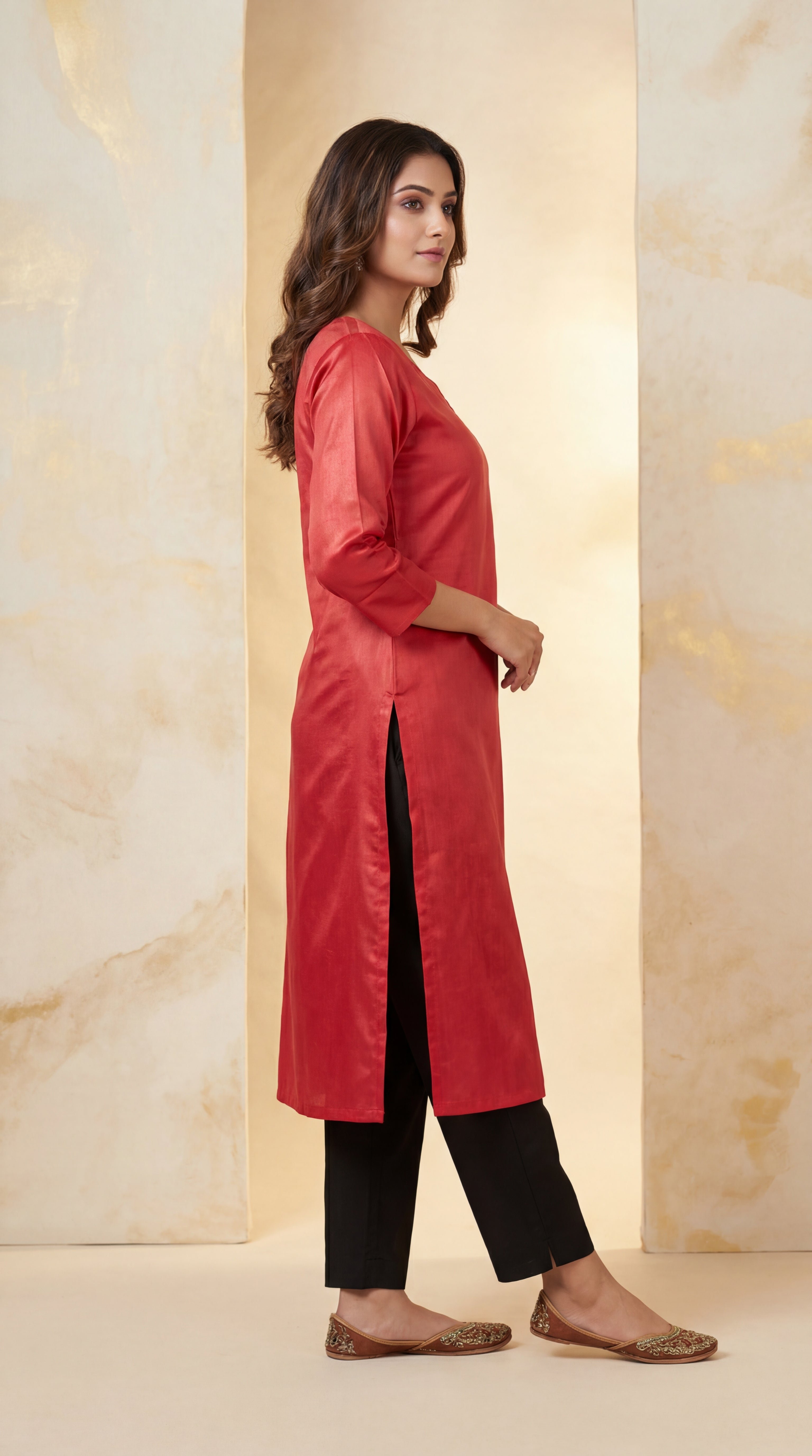 Classic Dark Peach Satin-Finish Gaji Silk Kurti