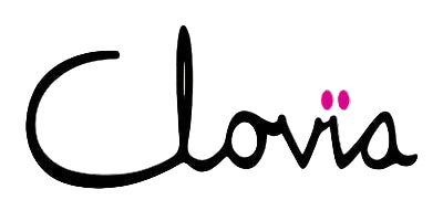 Black 'Clovia' logo with pink accents on a transparent background