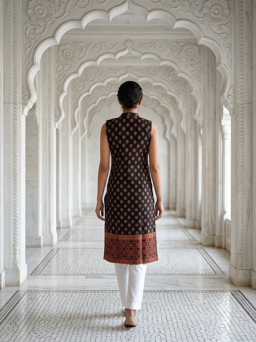 Paneri Embroidery Midnight Ajrakh Printed Sleeveless Kurti
