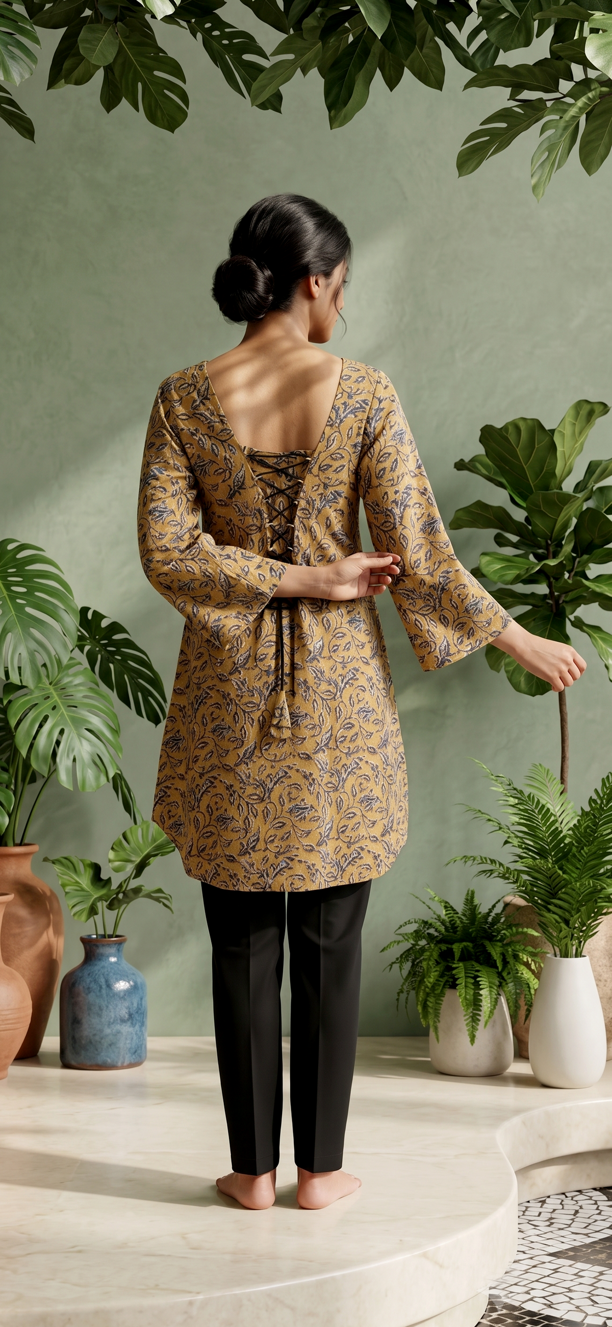 Paneri Embroidery Leaf-Printed Side-Tie Short Kurti 🌿