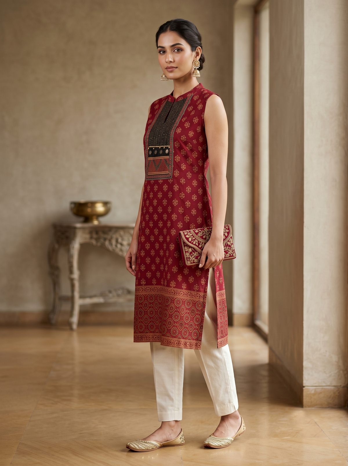 Paneri Embroidery Royal Maroon Ethnic Printed Sleeveless Kurti