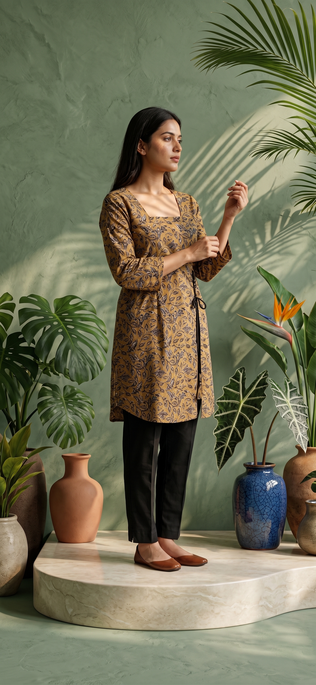 Paneri Embroidery Leaf-Printed Side-Tie Short Kurti 🌿