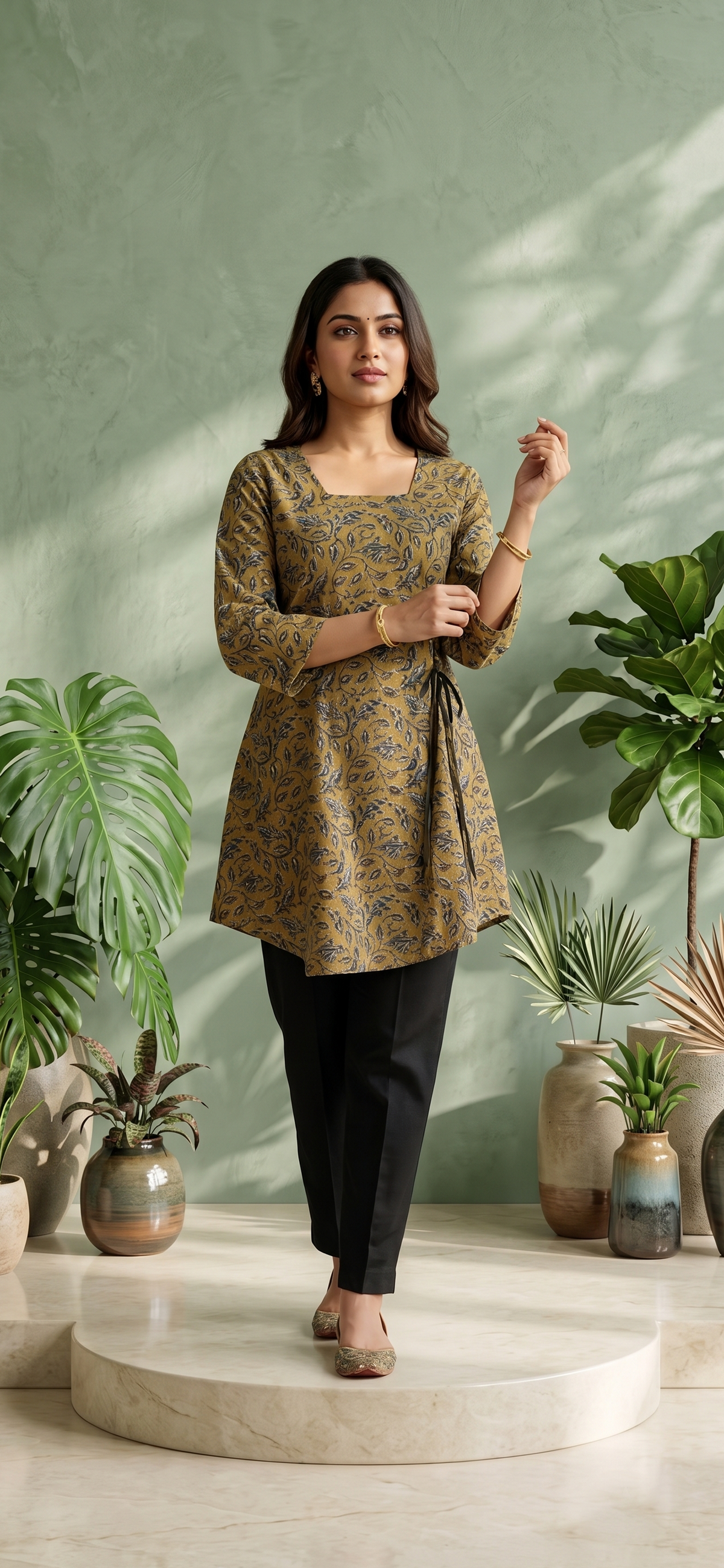 Paneri Embroidery Leaf-Printed Side-Tie Short Kurti 🌿