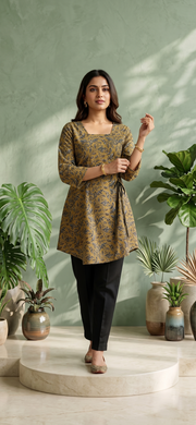 Paneri Embroidery Leaf-Printed Side-Tie Short Kurti 🌿