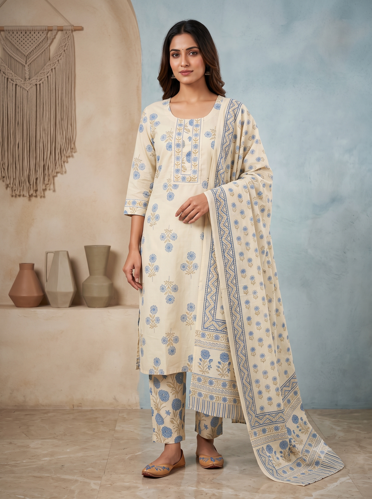 Paneri Embroidery Blossom Printed Kurta Set with Dupatta
