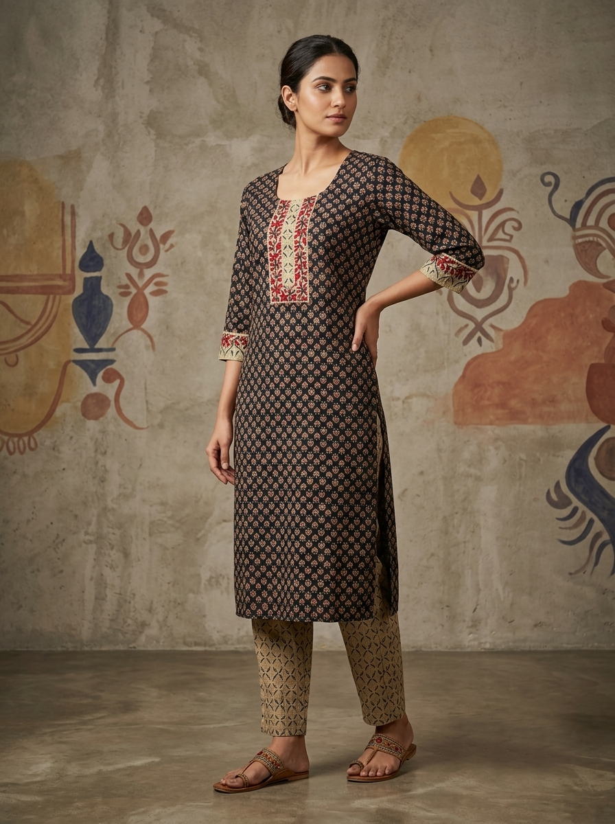 Paneri Embroidery Heritage Floral Printed Kurta Set with Dupatta