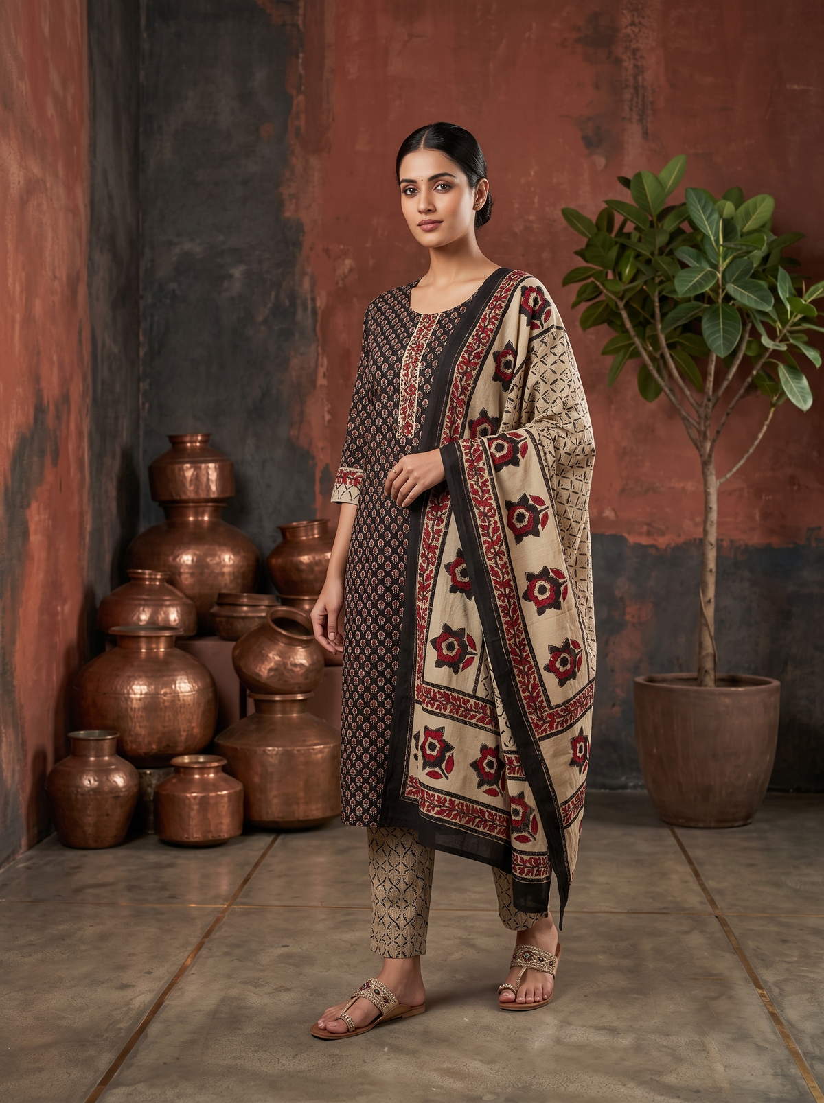 Paneri Embroidery Heritage Floral Printed Kurta Set with Dupatta