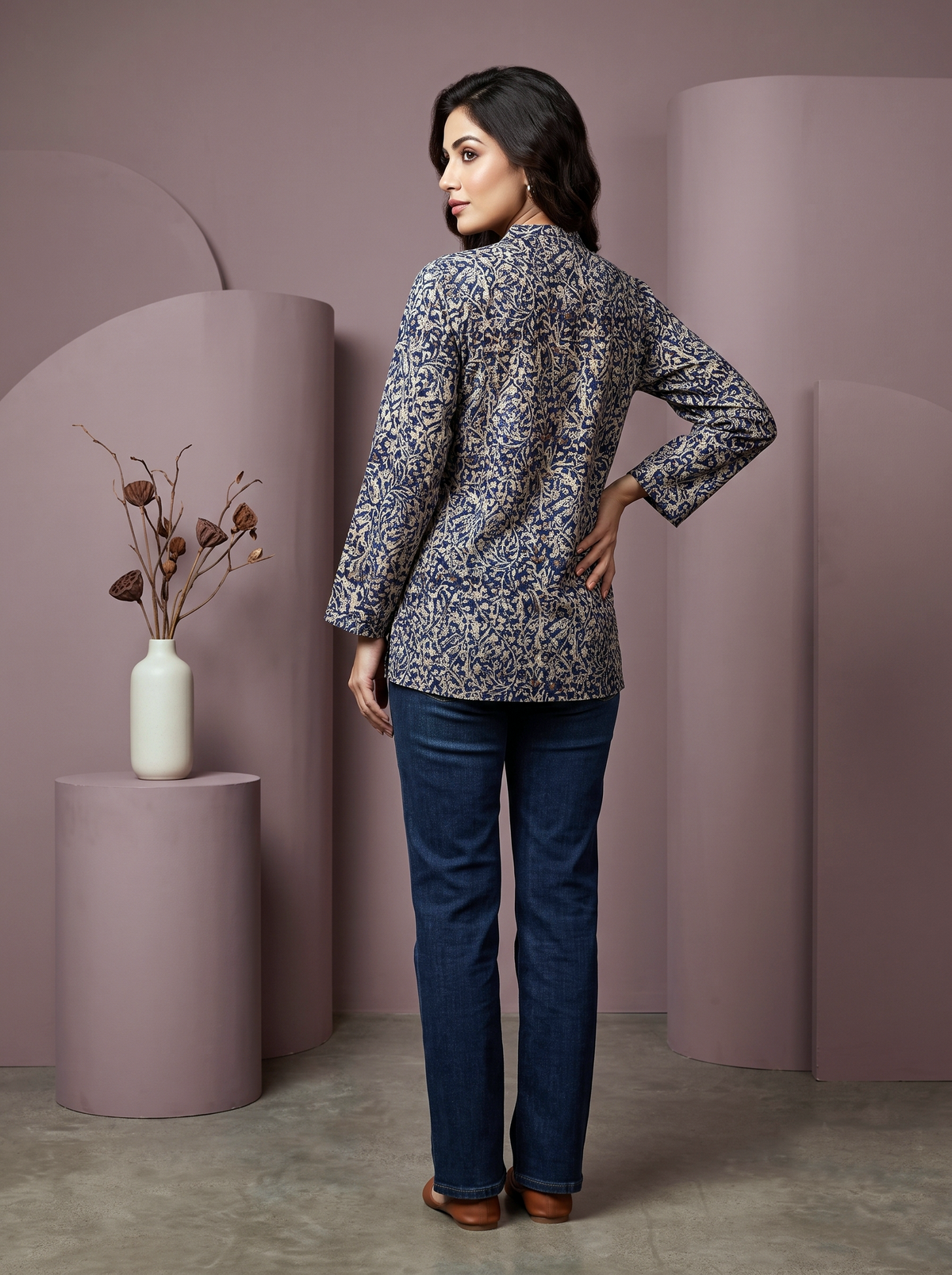 Paneri Embroidery Indigo Vine Printed Short Kurti