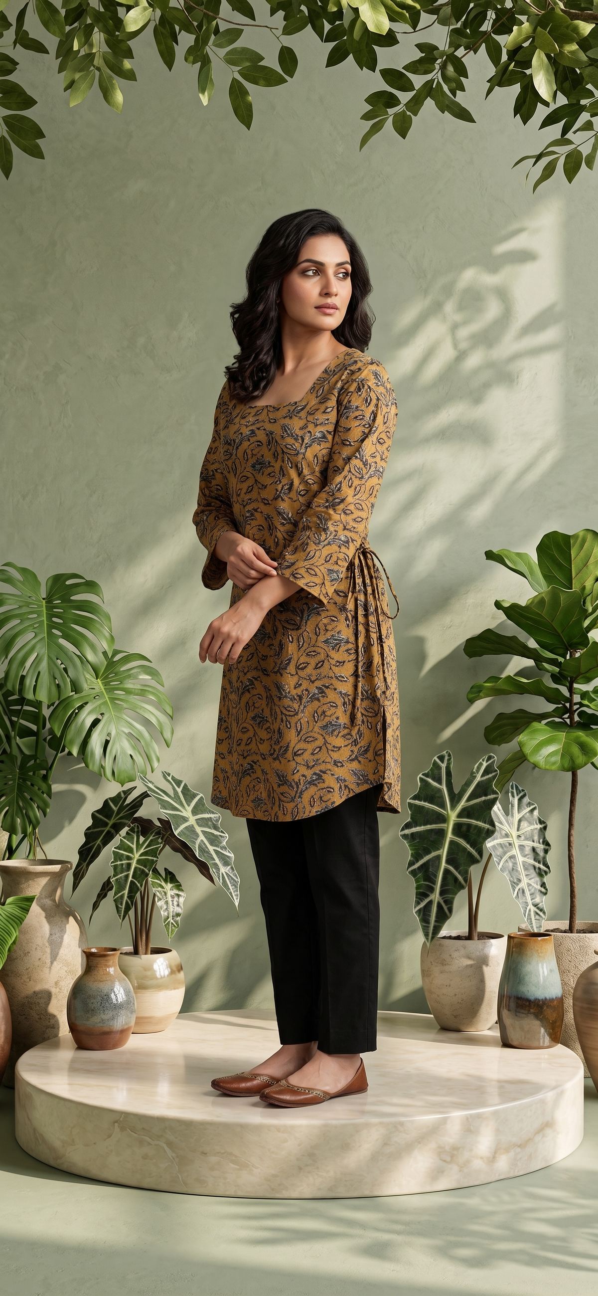 Paneri Embroidery Leaf-Printed Side-Tie Short Kurti 🌿