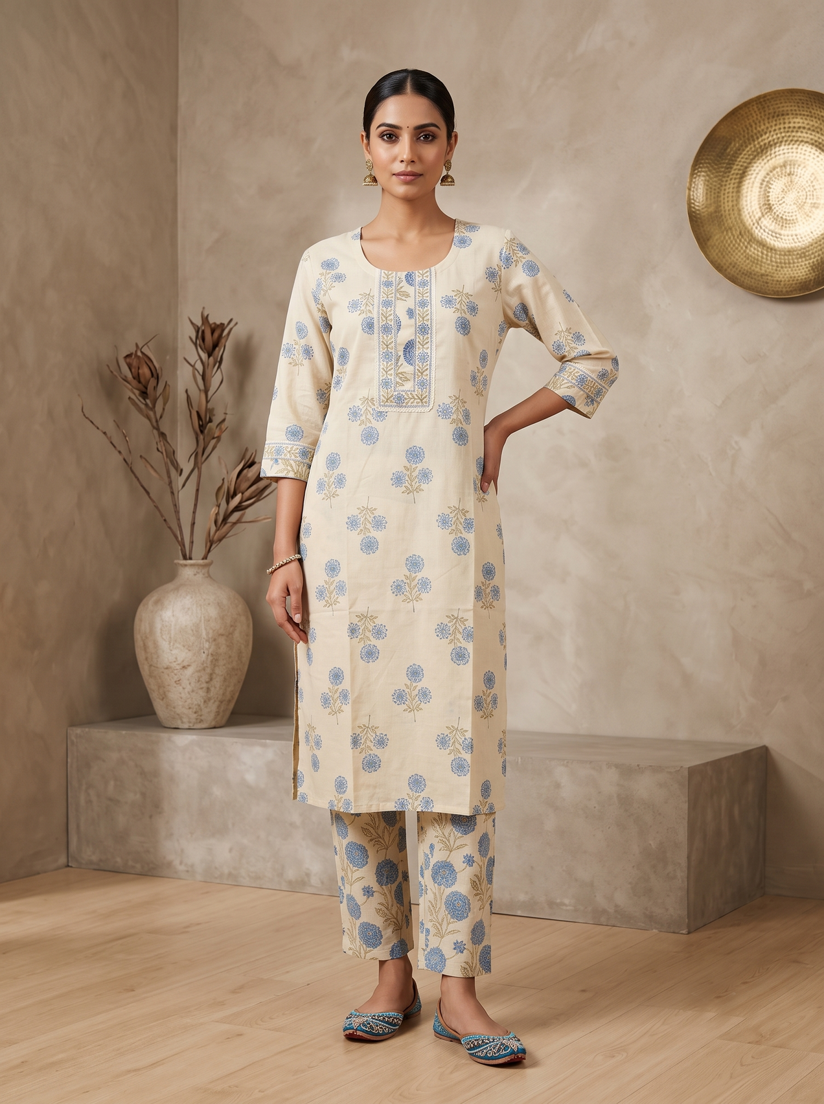 Paneri Embroidery Blossom Printed Kurta Set with Dupatta