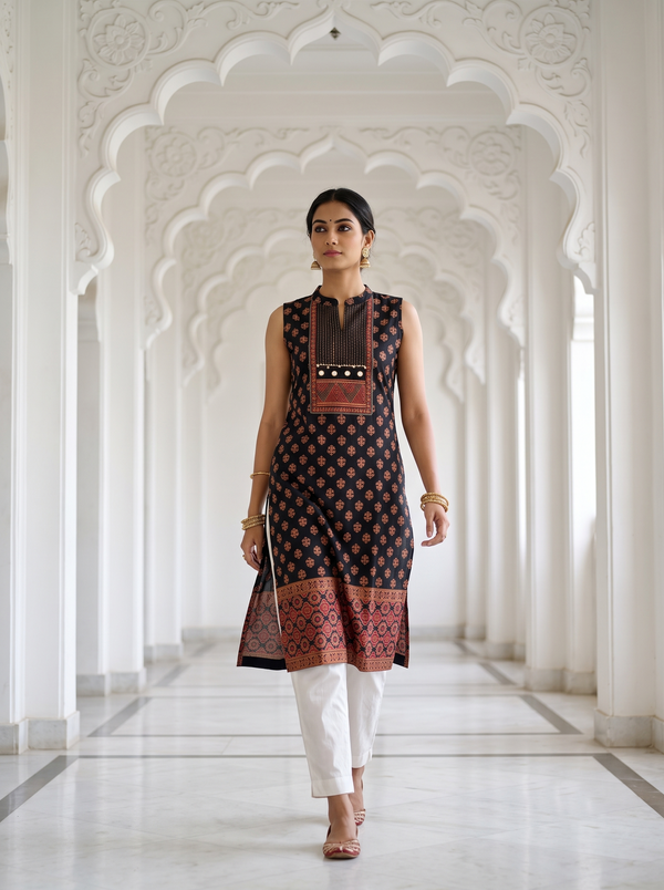 Paneri Embroidery Midnight Ajrakh Printed Sleeveless Kurti