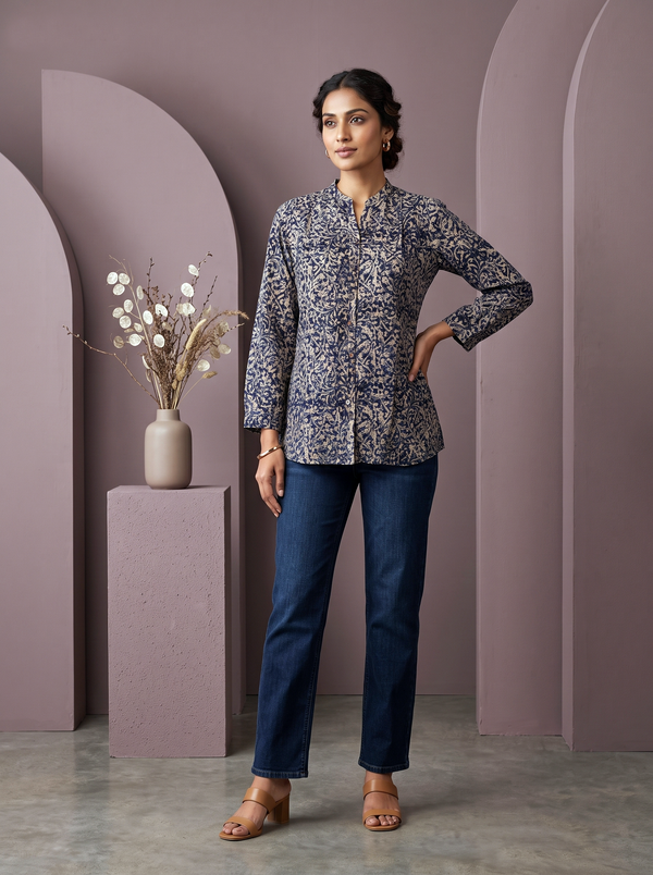 Paneri Embroidery Indigo Vine Printed Short Kurti
