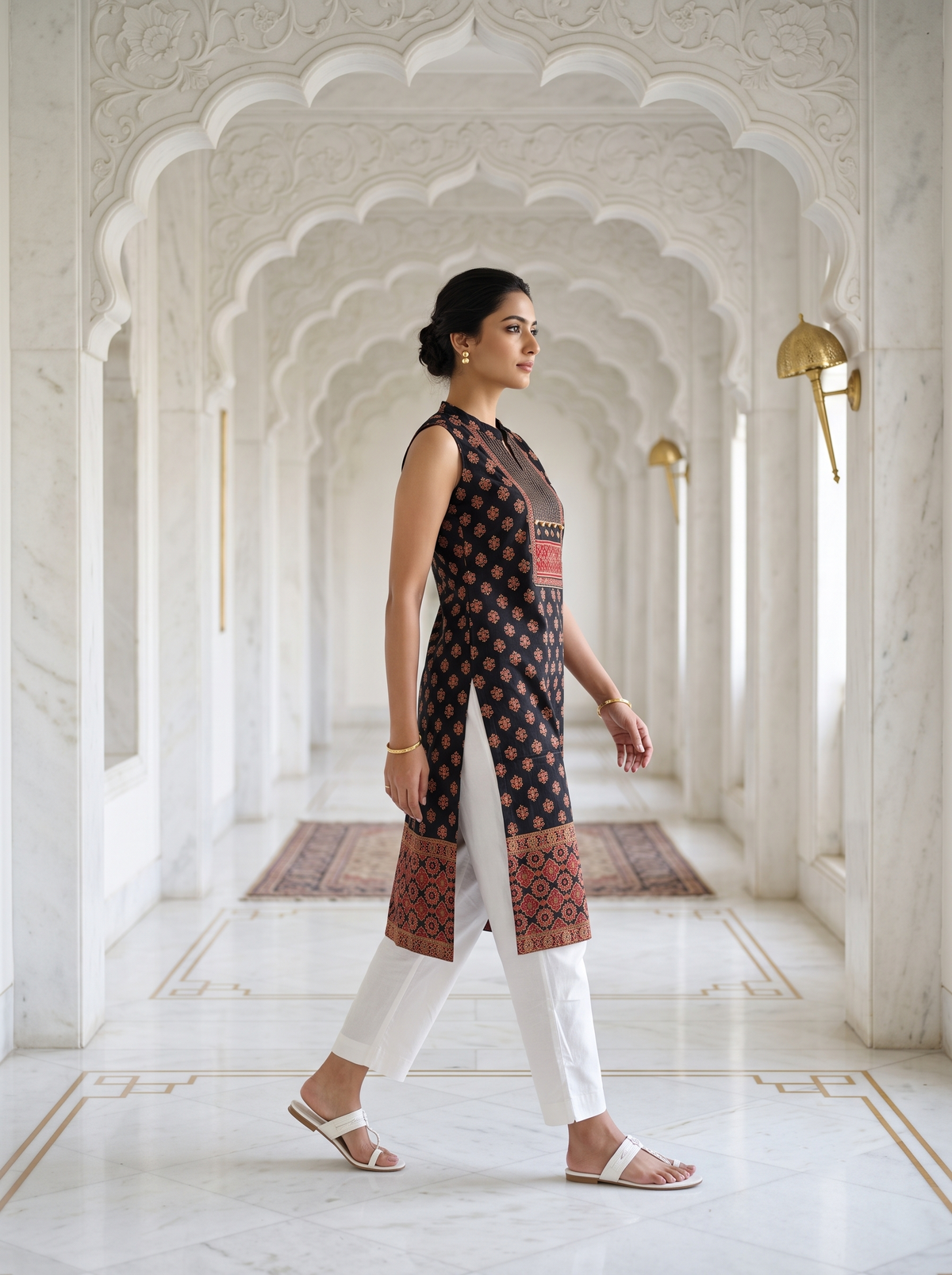 Paneri Embroidery Midnight Ajrakh Printed Sleeveless Kurti