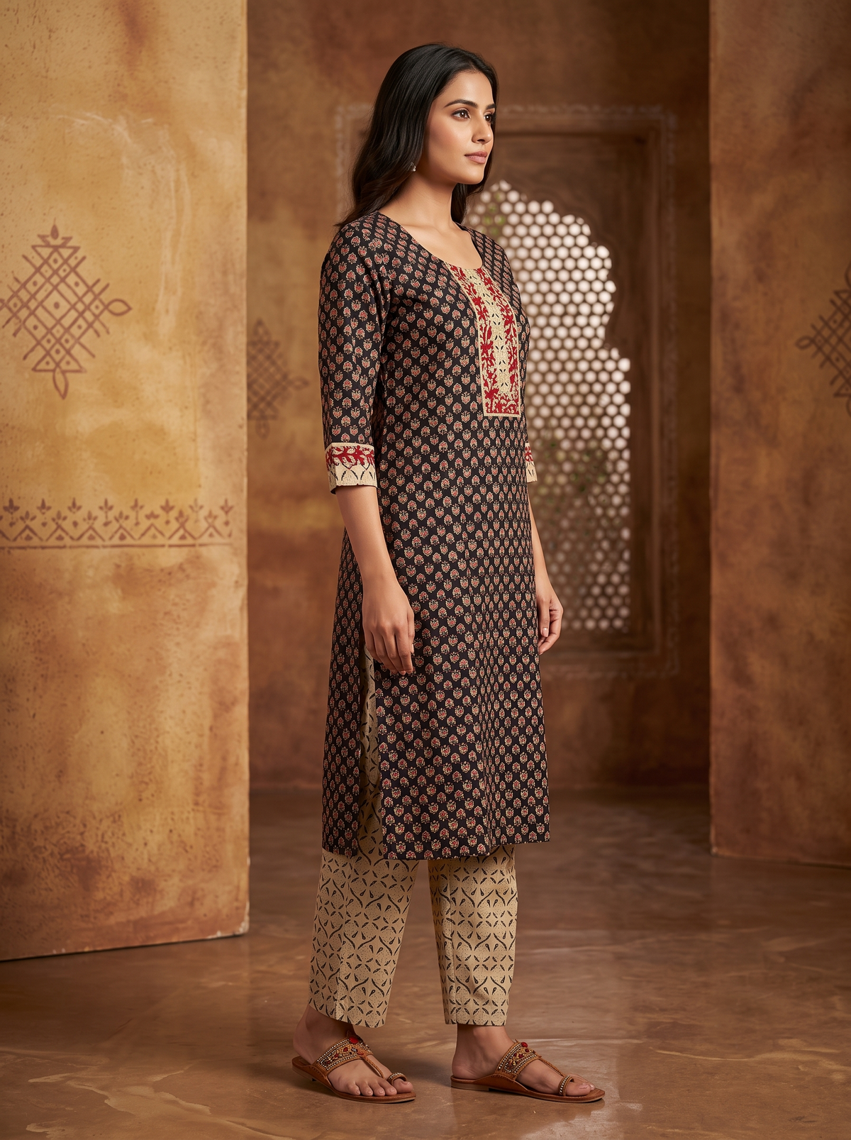 Paneri Embroidery Heritage Floral Printed Kurta Set with Dupatta