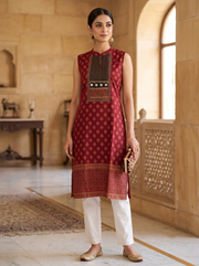 Paneri Embroidery Royal Maroon Ethnic Printed Sleeveless Kurti