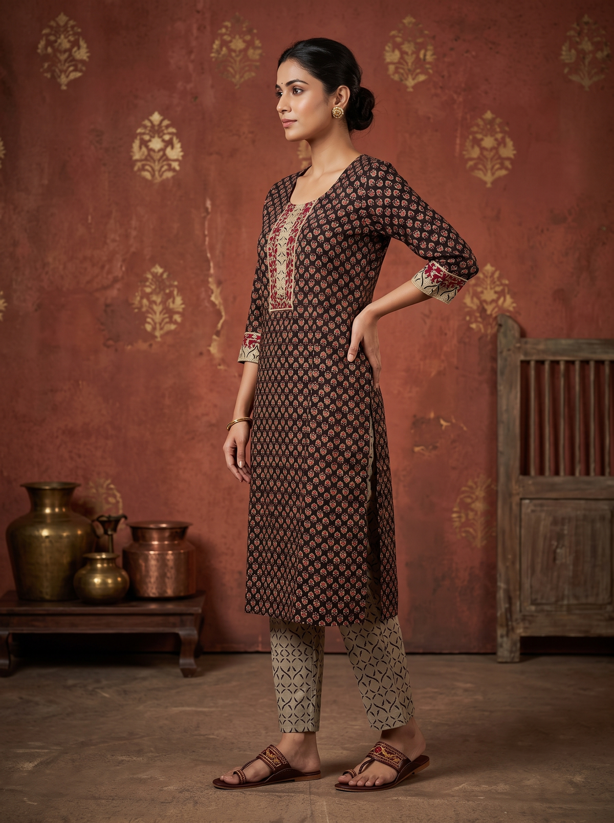 Paneri Embroidery Heritage Floral Printed Kurta Set with Dupatta