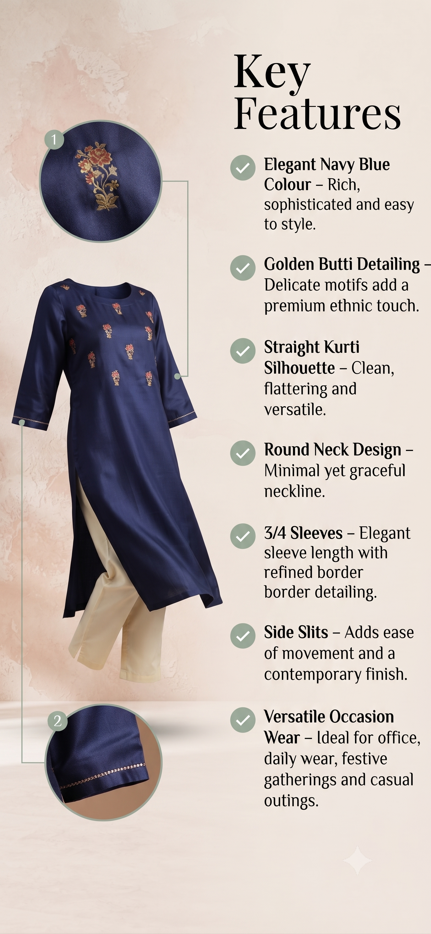 PANERI EMBROIDERY Navy Gold Embroidered Straight Sillk Kurti