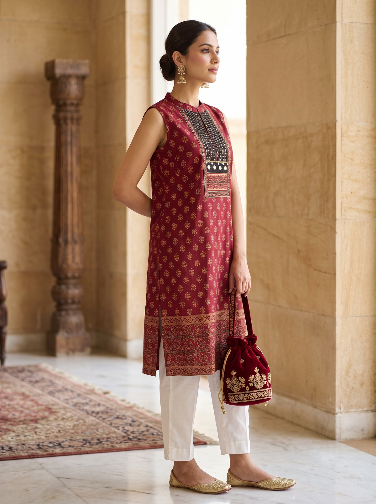 Paneri Embroidery Royal Maroon Ethnic Printed Sleeveless Kurti
