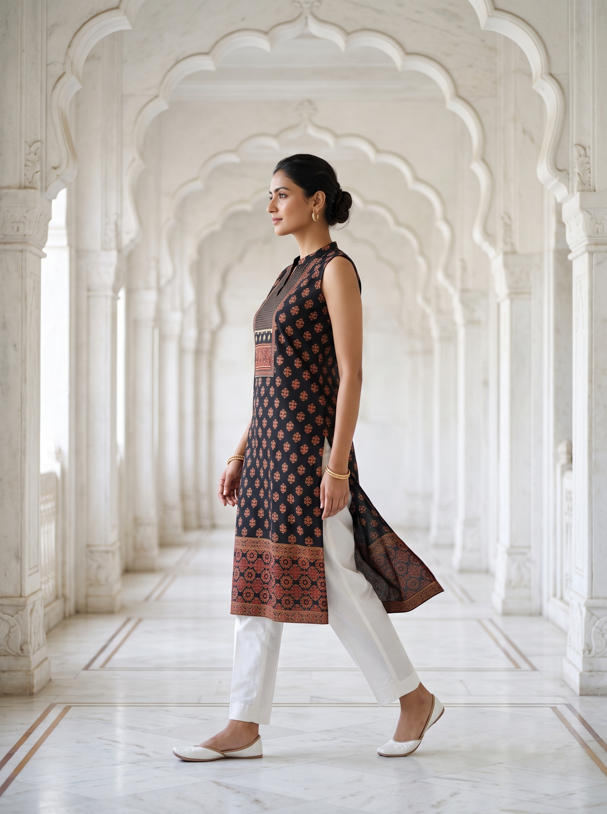 Paneri Embroidery Midnight Ajrakh Printed Sleeveless Kurti