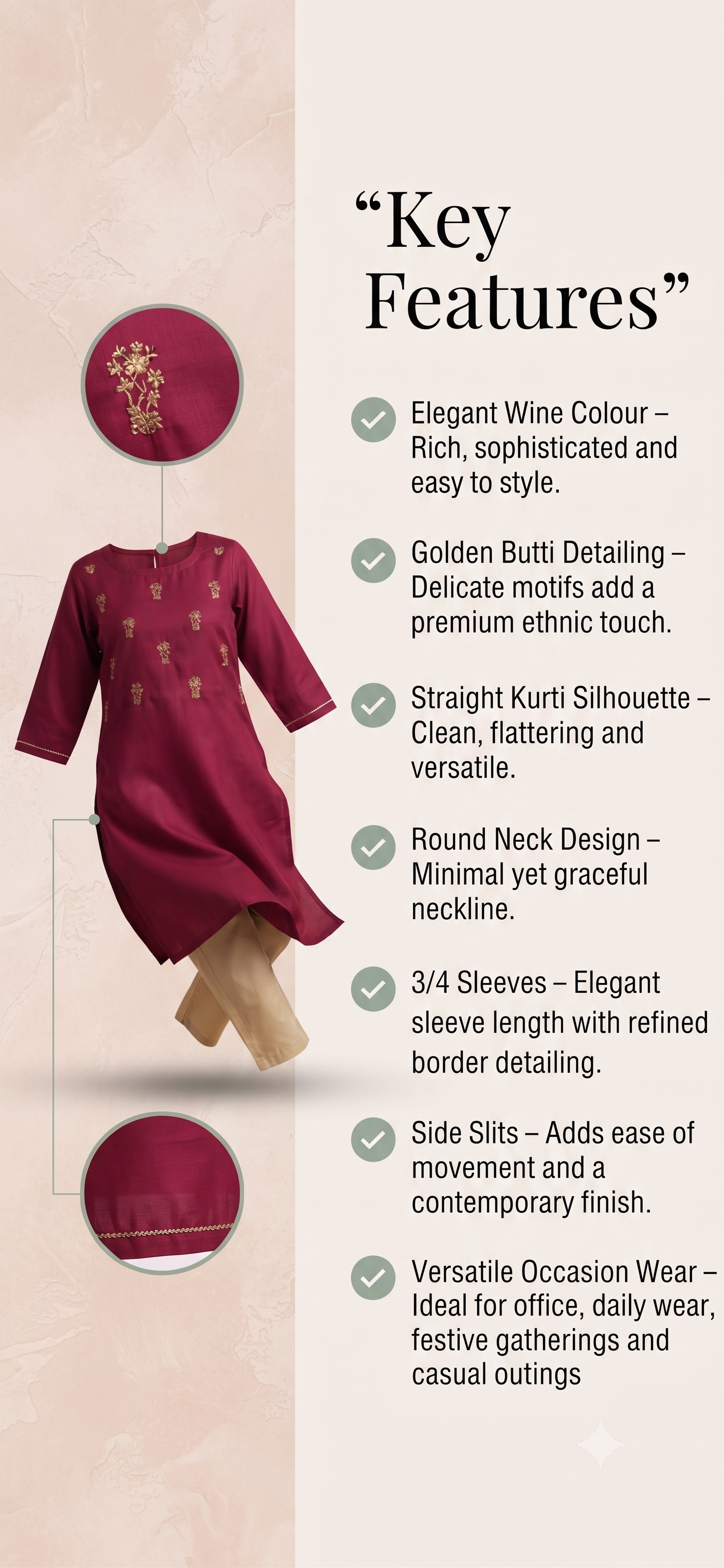 PANERI EMBROIDERY Wine Gold Embroidered Straight Sillk Kurti
