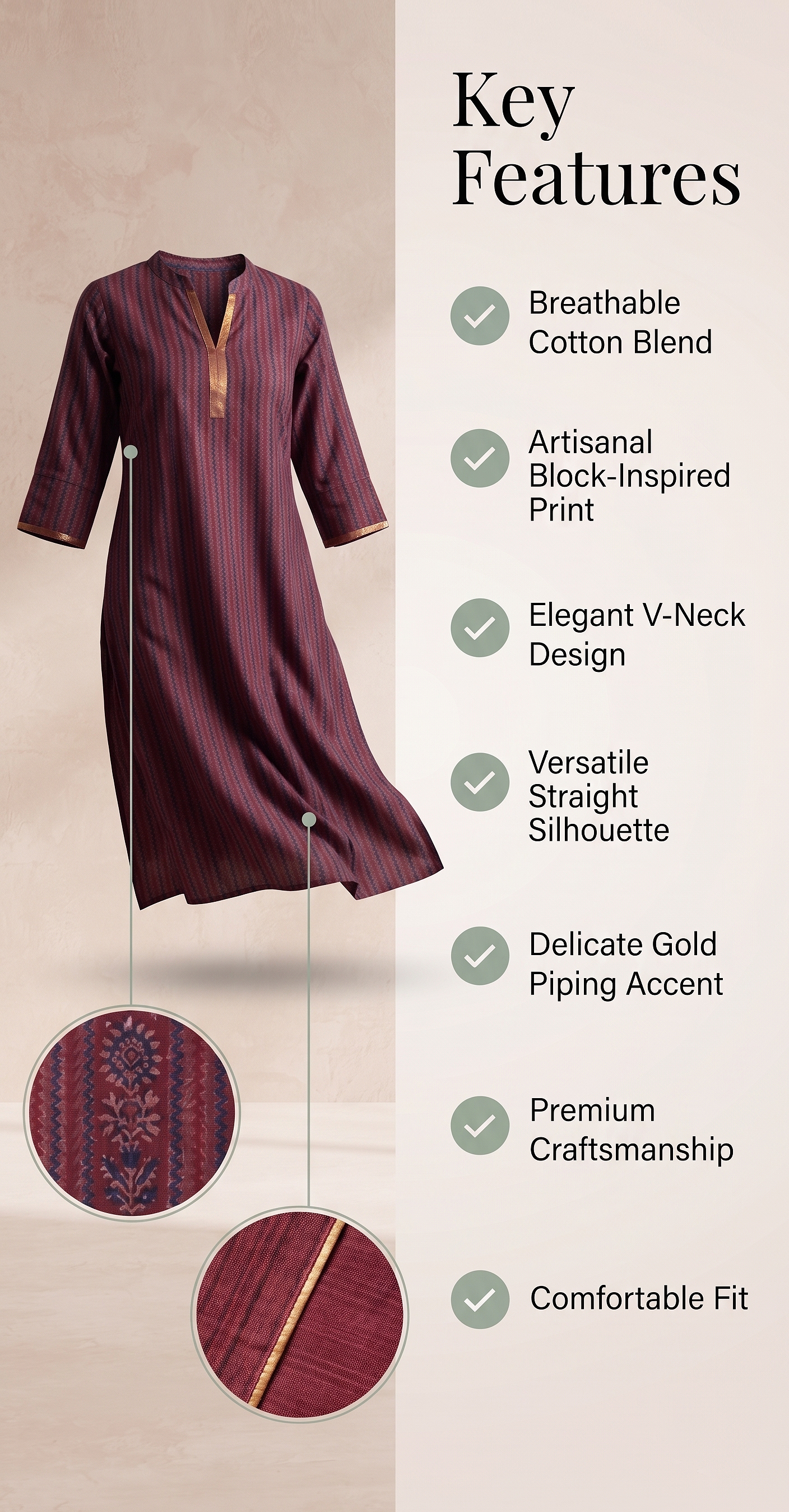 Paneri Embroidery Crimson Heritage Striped Straight Kurti