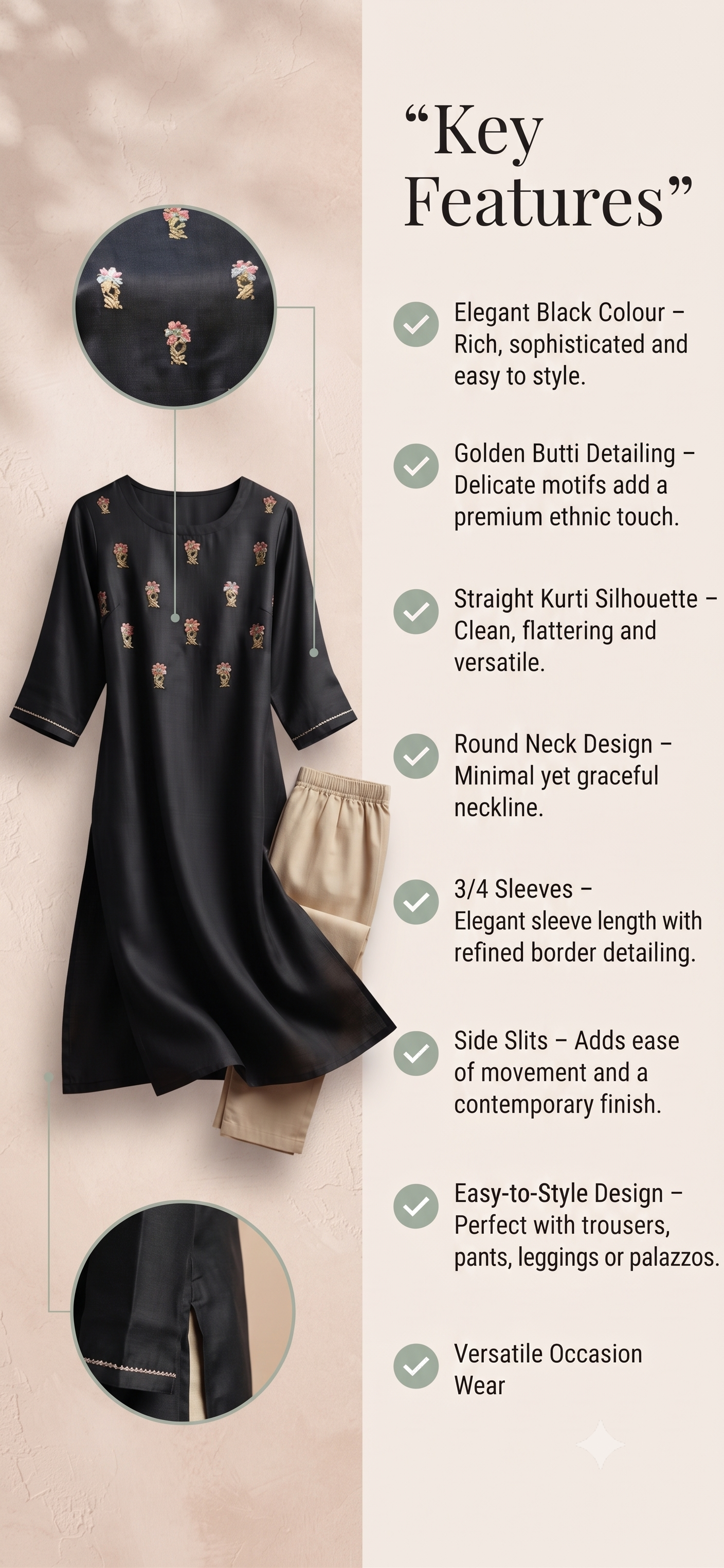 PANERI EMBROIDERY Black Gold Embroidered Straight Sillk Kurti
