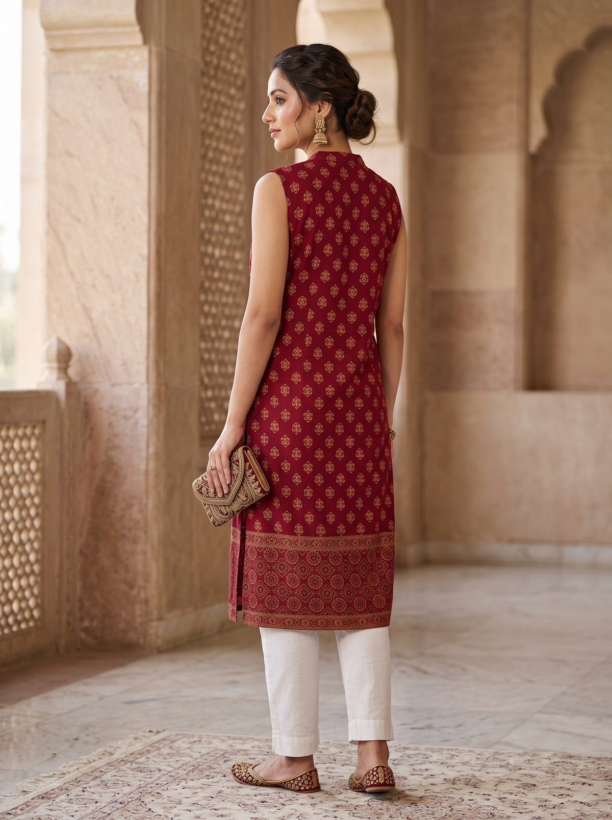 Paneri Embroidery Royal Maroon Ethnic Printed Sleeveless Kurti