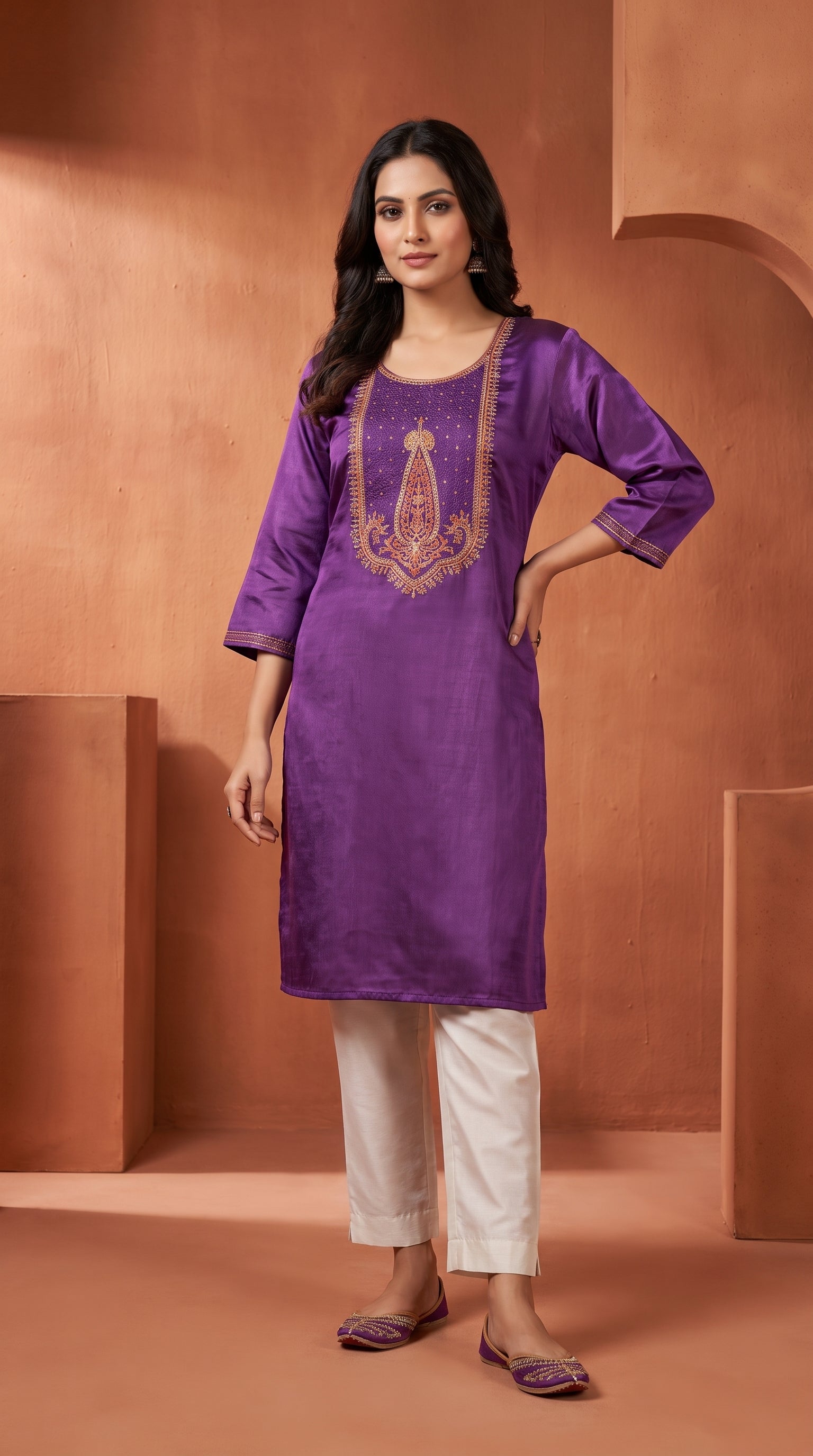 Paneri Embroidery Royal Purple Straight Sillk Kurti