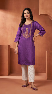 Paneri Embroidery Royal Purple Straight Sillk Kurti