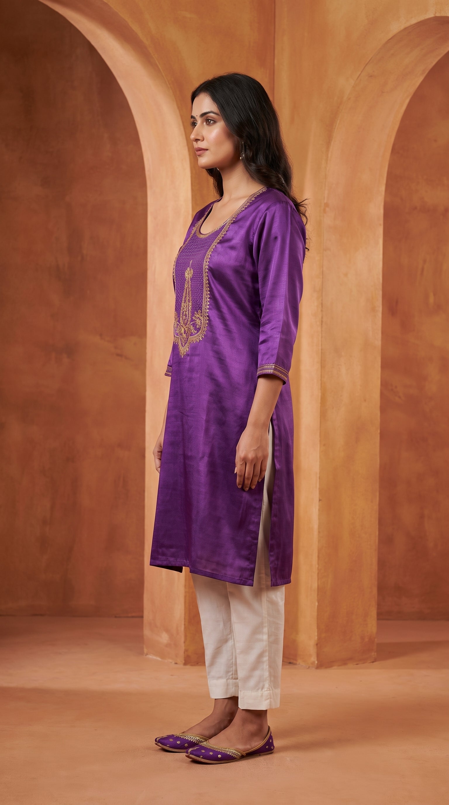 Paneri Embroidery Royal Purple Straight Sillk Kurti