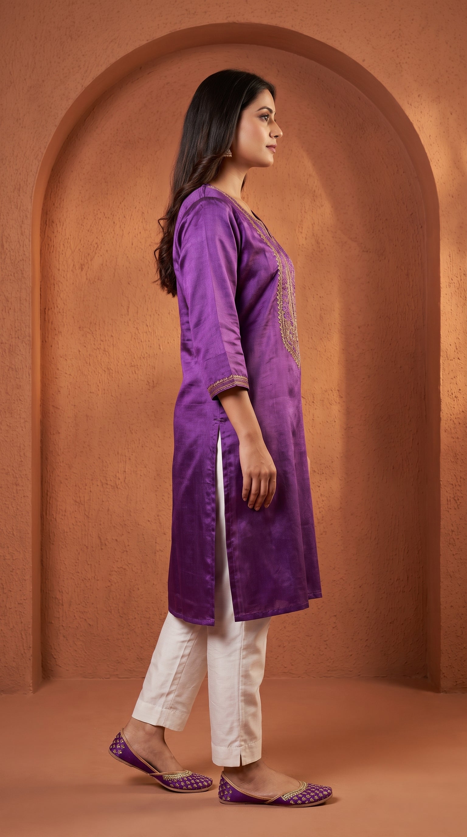 Paneri Embroidery Royal Purple Straight Sillk Kurti