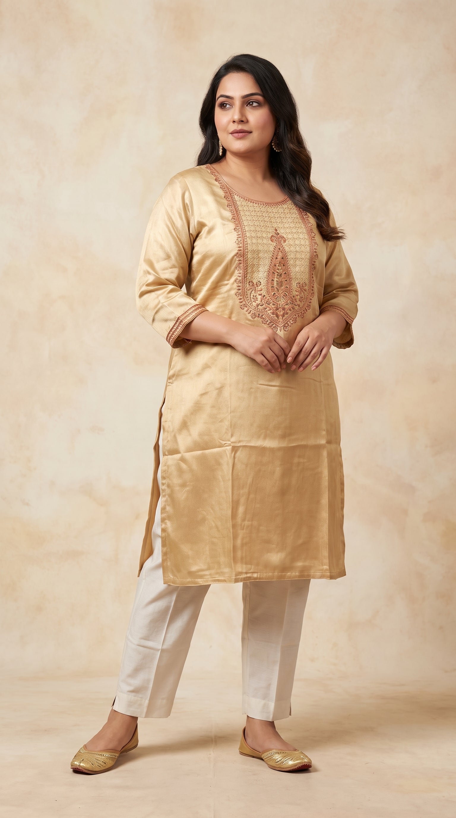 Paneri Embrodey Golden Beige Straight Sillk Kurti