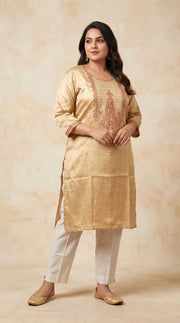 Paneri Embrodey Golden Beige Straight Sillk Kurti