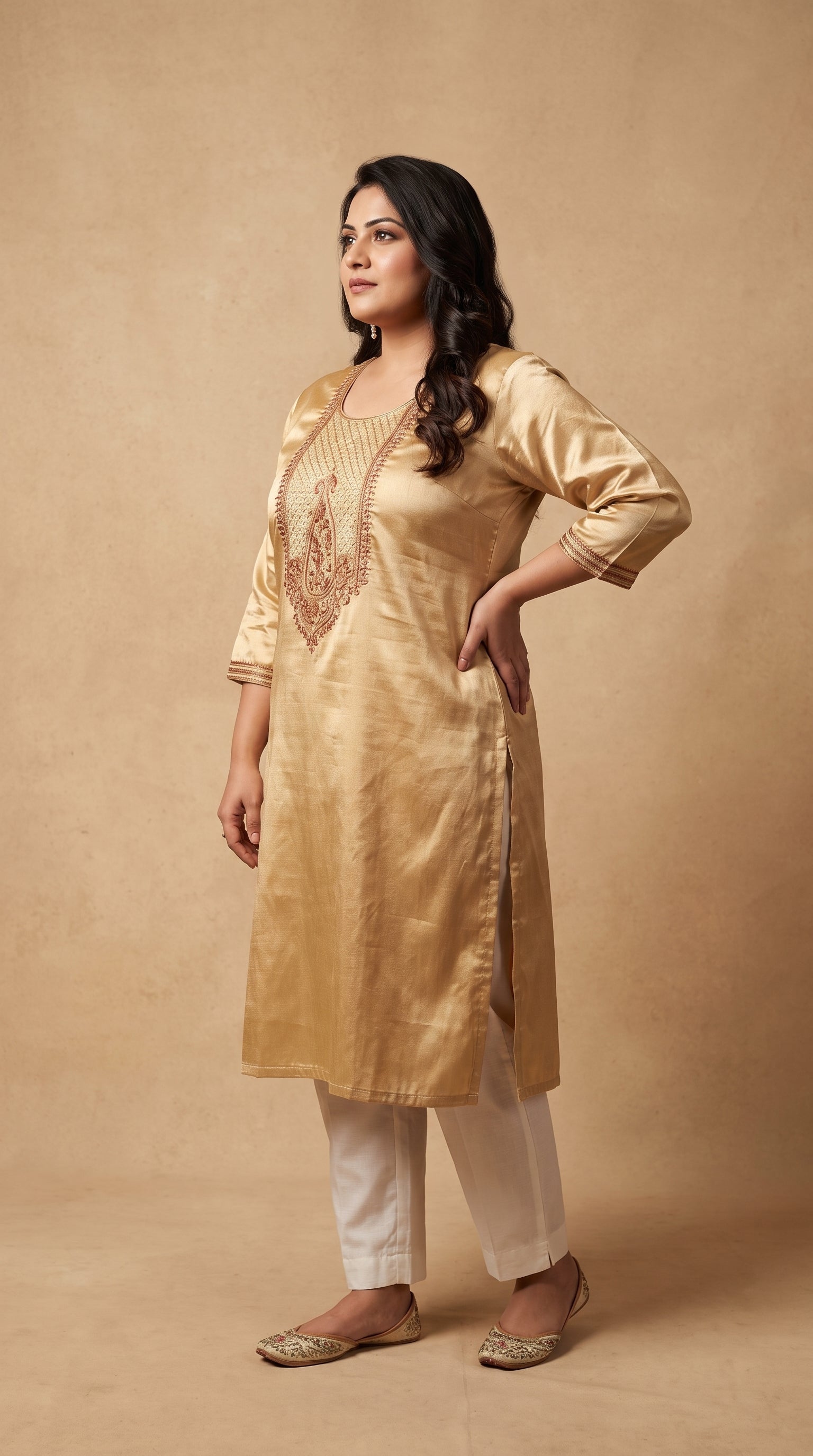 Paneri Embrodey Golden Beige Straight Sillk Kurti