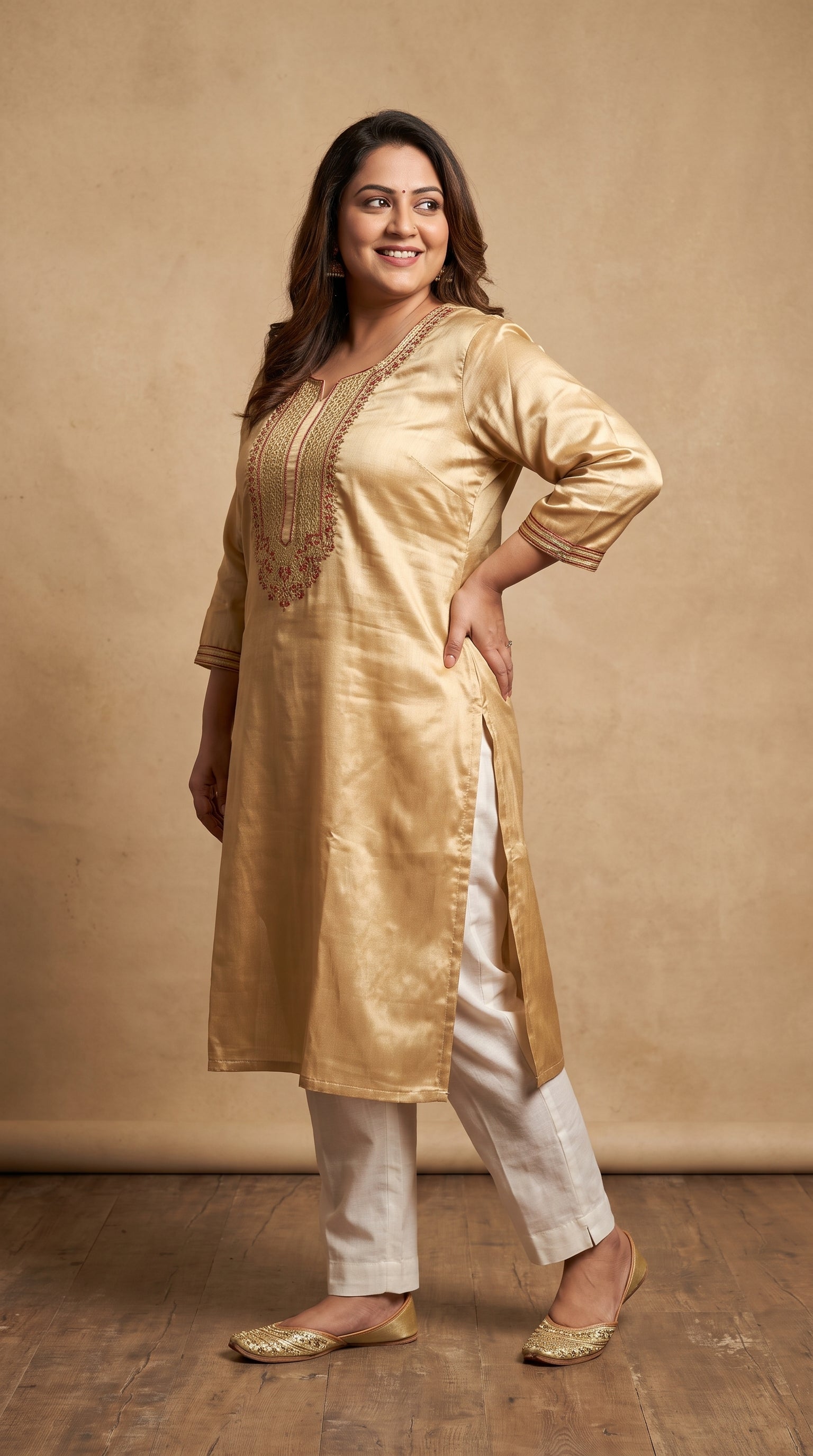 Paneri Embrodey Golden Beige Straight Sillk Kurti