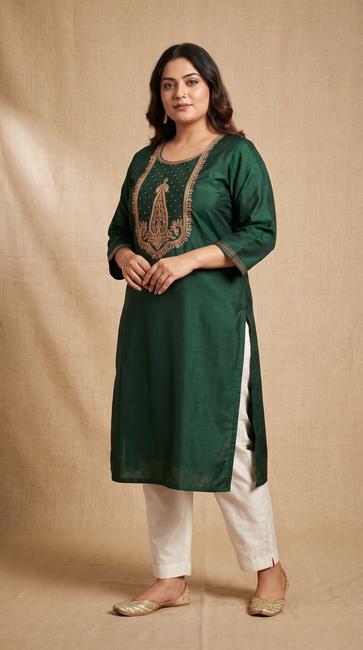 Paneri Embroidery Deep Emerald Green Straight Sillk Kurti